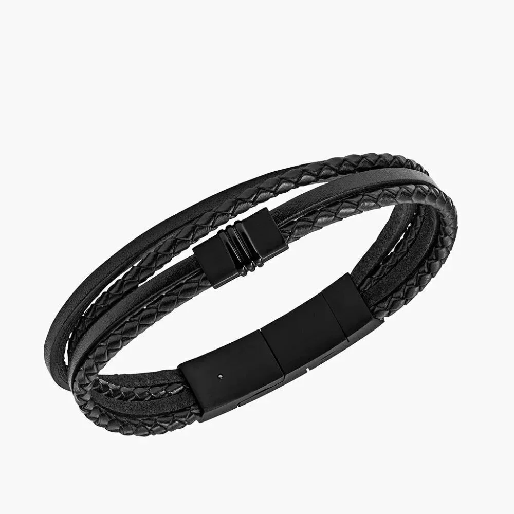 Fossil Men's Multi-Strand Black Leather Bracelet NWOT